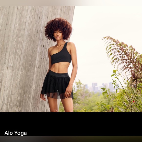 ALO Mesh Flirty Tennis Skirt Black w/ Mesh Pleated Overlay 😍 NWOT Women - Picture 1 of 7